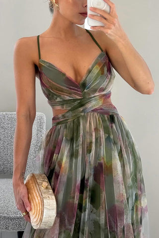 Donita- Elegante abito lungo con allacciatura e stampa