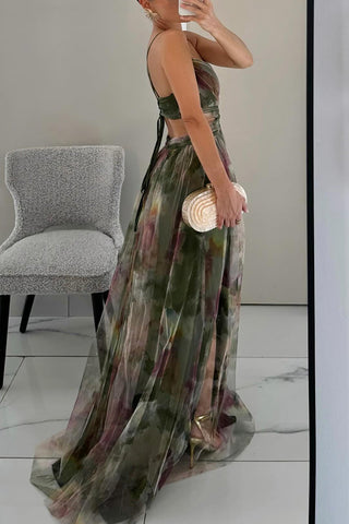 Donita- Elegante abito lungo con allacciatura e stampa