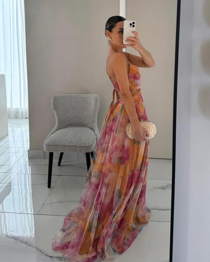 Donita- Elegante abito lungo con allacciatura e stampa
