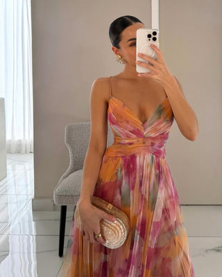 Donita- Elegante abito lungo con allacciatura e stampa