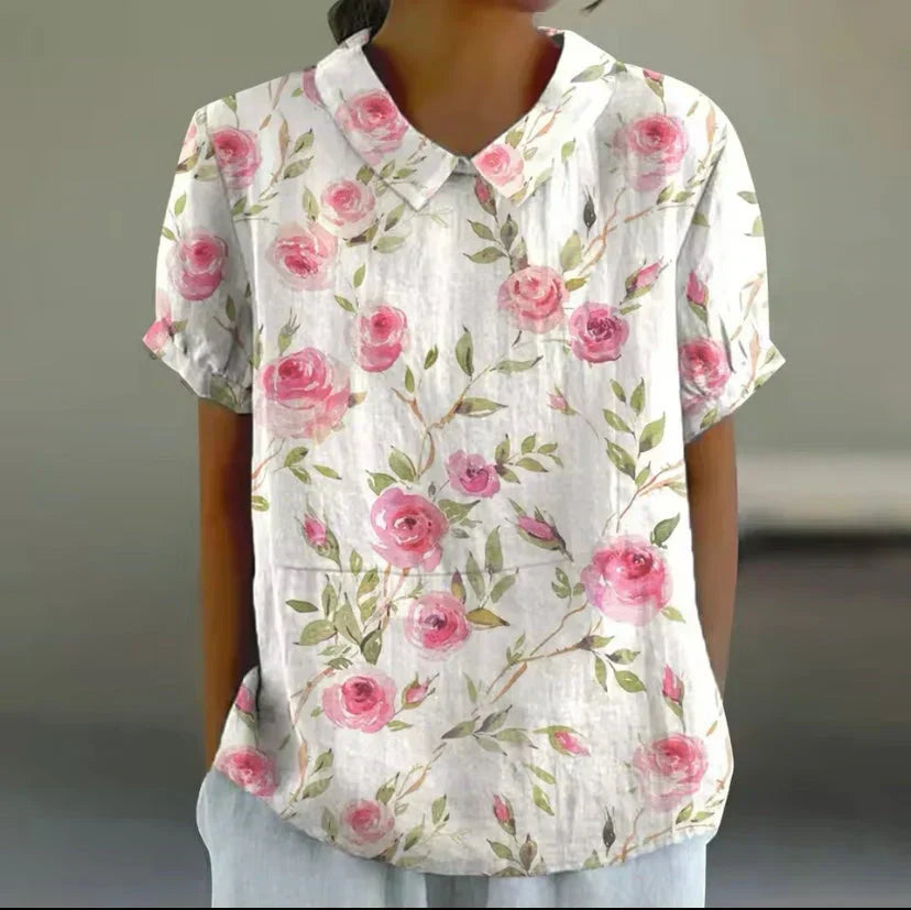 Shira - Elegante camicia da donna in lino con stampa di pesci