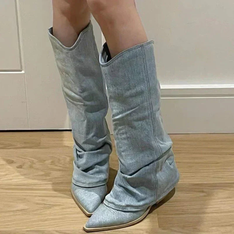 Estrid - Stivali alti al ginocchio in denim per donne