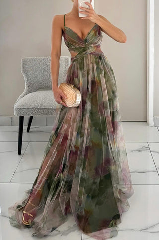 Donita- Elegante abito lungo con allacciatura e stampa