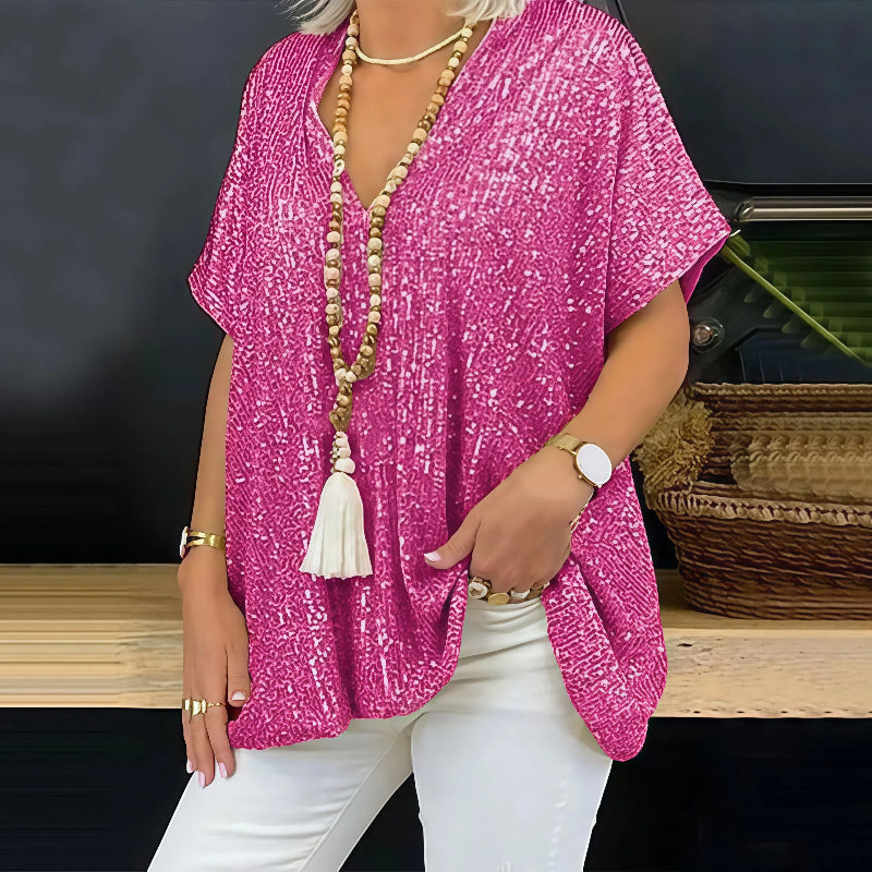 Paola - Maglietta con paillettes e scollo a V